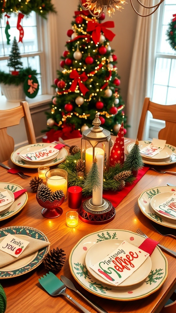 A colorful and quirky Christmas table setting with mismatched dishes and fun decorations.